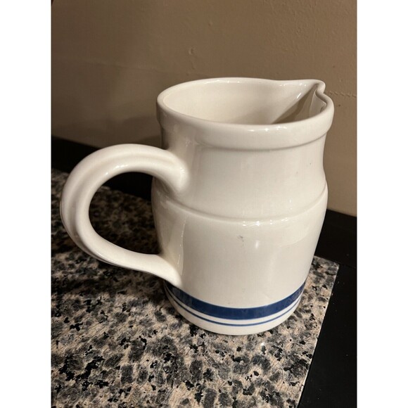 Roseville Ohio Pitcher Friendship Pottery Blue Stripes 4" Tall farmhouse rustic - Picture 3 of 7